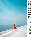 青空の下で港を歩く女性 73828830