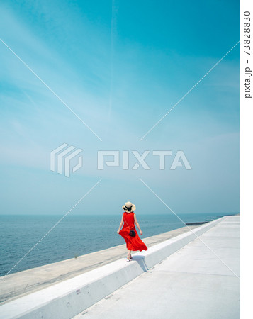 青空の下で港を歩く女性 73828830