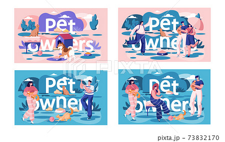 A set of illustrations on the topic of resting and walking with pets. Owners playing with animals A set of illustrations on the topic of resting and walking with pets. Owners playing with animals 73832170
