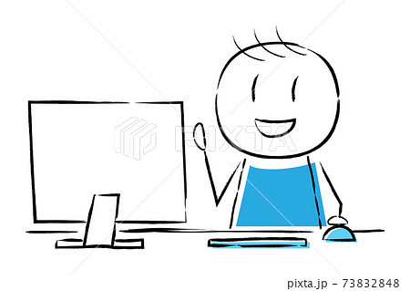 パソコンのモニターに向かう人のベクターイラスト 手描き風のイラスト素材