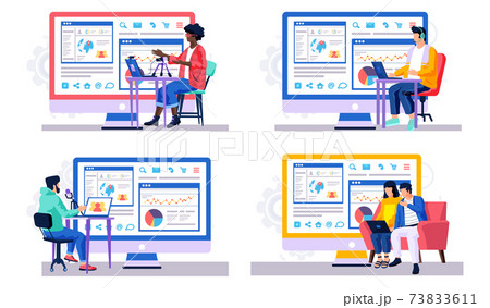 Set of illustrations about work with statistical data. People in the studio are recording tracks 73833611