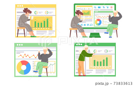 Woman and man reports standing near presentation with charts talking to colleague set of four scenes 73833613