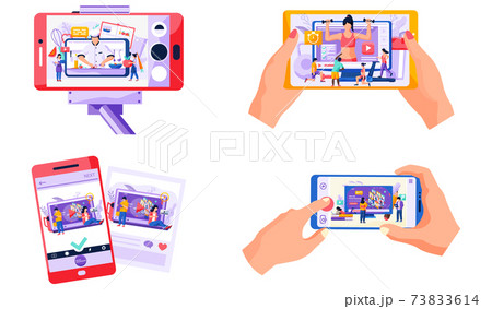 Online education e-learning with smartphone, persons watching video tutorials on laptops or phones 73833614