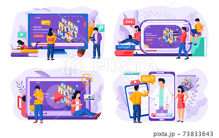 Live video about online professions, lessons for learning. Tiny persons near computer and smartphone Live video about online professions, lessons for learning. Tiny persons near computer and smartphone 73833643