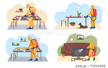A man from epidemiological service doing disinfection in livingroom to kill viruses and bacteria A man from epidemiological service doing disinfection in livingroom to kill viruses and bacteria 73833668
