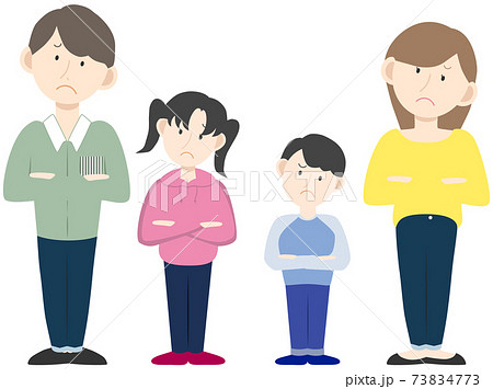 4人家族が並んで首をかしげている様子 4人家族が並んで首をかしげている様子 73834773