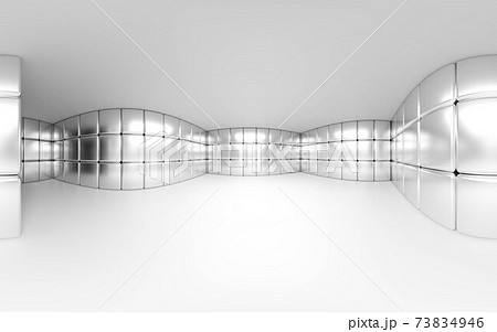360 degree panorama view of empty white room with metallic surface and reflections 3d render illustration 73834946