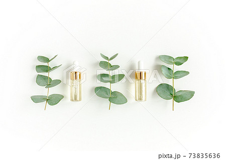 Eucalyptus essential oil, eucalyptus leaves on white background. Natural, Organic cosmetics products. Medicinal, Natural Serums. Flat lay, top view. Eucalyptus essential oil, eucalyptus leaves on white background. Natural, Organic cosmetics products. Medicinal, Natural Serums. Flat lay, top view. 73835636
