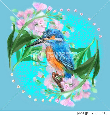 ピンクのストックフラワーアレンジメントとレースとカワセミのイラストのイラスト素材