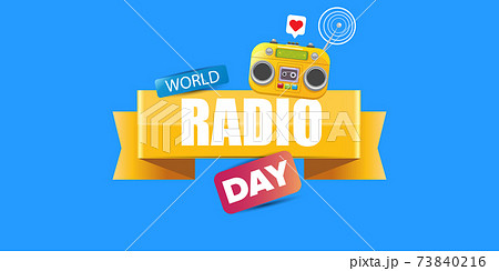 World radio day horizontal banner with vintage old orange cassette stereo player isolated on blue background. Cartoon funky hipster Radio day banner or poster World radio day horizontal banner with vintage old orange cassette stereo player isolated on blue background. Cartoon funky hipster Radio day banner or poster 73840216