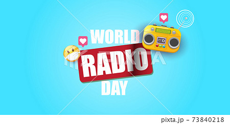 World radio day horizontal banner with vintage old orange cassette stereo player isolated on blue background. Cartoon funky hipster Radio day banner or poster World radio day horizontal banner with vintage old orange cassette stereo player isolated on blue background. Cartoon funky hipster Radio day banner or poster 73840218