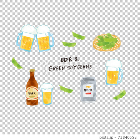 カジュアルなタッチ 水彩タッチのビールと枝豆のイラストセット カジュアルなタッチ 水彩タッチのビールと枝豆のイラストセット 73840558