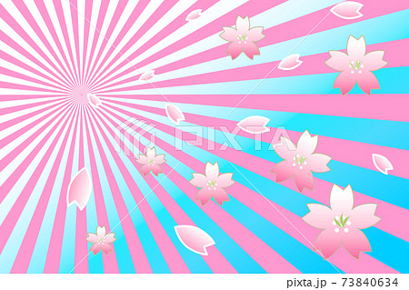 桜の背景イラスト バースト 集中線 空 ピンク 効果線 水色 花びら 花 光 放射線 春 青 お祝いのイラスト素材