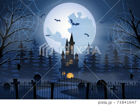 Halloween background with graveyard and Castle scene on Halloween night 73841047