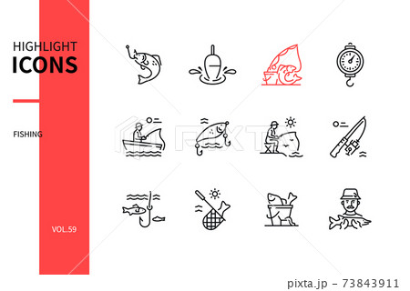 Fishing concept - line design style icons set Fishing concept - line design style icons set 73843911