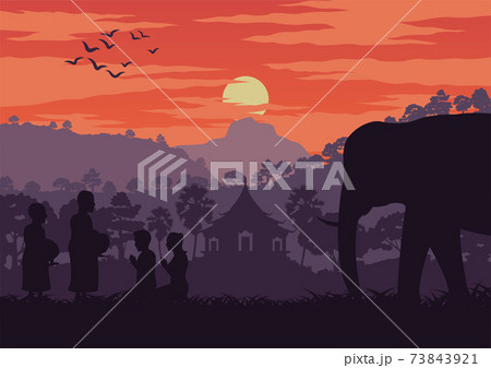 monk receive food in the morning while pass an elephant symbol of Thailand and Laos,silhouette design and vintage color 73843921