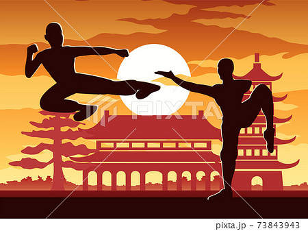 Chinese Boxing Kung Fu martial art famous sport,monk Train to fight,around with Chinese temple,sunset silhouette design Chinese Boxing Kung Fu martial art famous sport,monk Train to fight,around with Chinese temple,sunset silhouette design 73843943