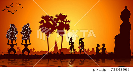 sunset landscape and Buddha Thai temple with a rowing boat around with tree.countryside of east lifestyle sunset landscape and Buddha Thai temple with a rowing boat around with tree.countryside of east lifestyle 73843965