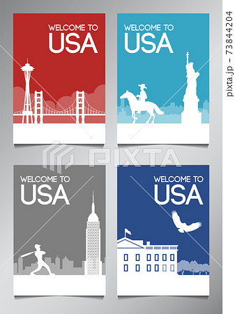 USA famous landmark and symbol in silhouette style with national flag color theme brochure set USA famous landmark and symbol in silhouette style with national flag color theme brochure set 73844204