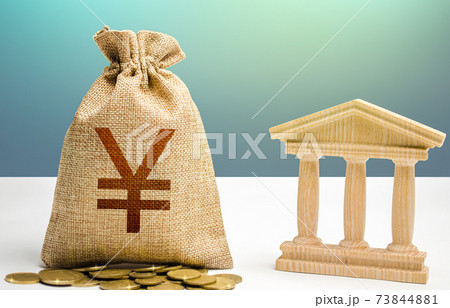Yuan or Yen money bag and bank / government building. Budgeting, national financial system. Monetary policy. Resource allocation. Support businesses in crisis. Lending loans, deposits. Yuan or Yen money bag and bank / government building. Budgeting, national financial system. Monetary policy. Resource allocation. Support businesses in crisis. Lending loans, deposits. 73844881