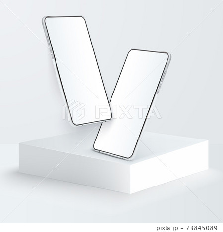 Two white realistic smartphone mockup on square podium. 3d mobile phones with blank white screen. Modern cell phones template on light background. Illustration of device 3d screen Two white realistic smartphone mockup on square podium. 3d mobile phones with blank white screen. Modern cell phones template on light background. Illustration of device 3d screen 73845089