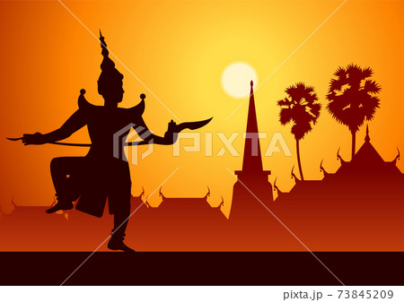 Thai ancient literature play of Ramaya called pantomine Rama or Vishnu shooting arrow silhouette style Thai ancient literature play of Ramaya called pantomine Rama or Vishnu shooting arrow silhouette style 73845209