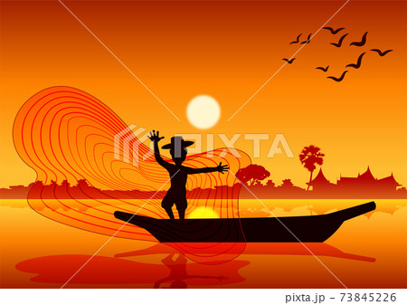 Country Life Man Throw Fish Net To Catch Fish のイラスト素材 73845226 Pixta