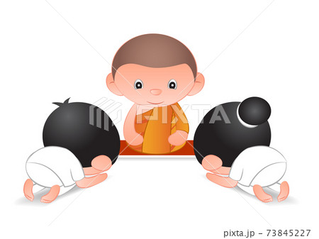 Big bubble head cartoon pay respect to monk,man and woman 73845227