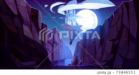 Flying magic castle at night sky bottom up view Flying magic castle at night sky bottom up view 73846551
