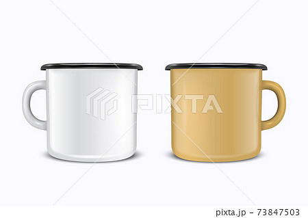 Vector 3d Realistic Enamel Metal Blank White and Black Mug Icon Set Isolated on White Background. Front View. Tea, Coffee Cup. Design Template for Mockup Vector 3d Realistic Enamel Metal Blank White and Black Mug Icon Set Isolated on White Background. Front View. Tea, Coffee Cup. Design Template for Mockup 73847503