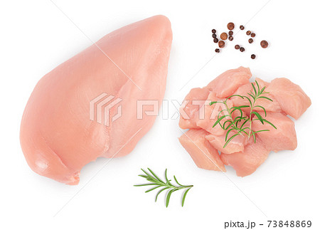 Fresh chicken fillet with rosemary isolated on white background. Top view. Flat lay Fresh chicken fillet with rosemary isolated on white background. Top view. Flat lay 73848869