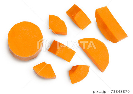 butternut squash slice isolated on white background with clipping path and full depth of field. Top view. Flat lay butternut squash slice isolated on white background with clipping path and full depth of field. Top view. Flat lay 73848870