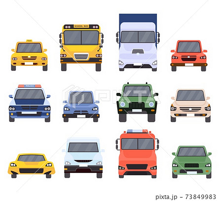 Cars front view. Flat urban vehicles taxi, police, delivery service, school bus, van, truck and sport vehicle. Cartoon car model vector set 73849983