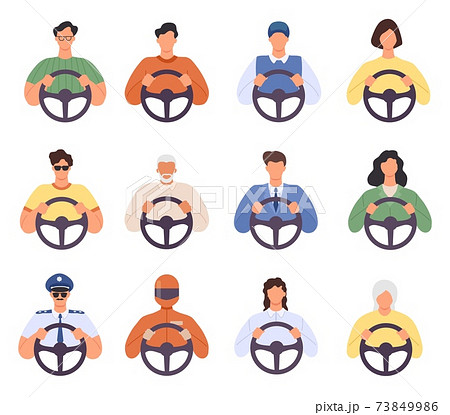 Drivers. Man and woman driving car icons. Taxi cab driver and passenger, courier, police and elderly person with wheel. Chauffeur vector set 73849986