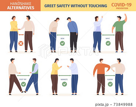 Safe greeting. People in masks keep social distance and use alternative greet, stop spread coronavirus. Avoid handshake vector infographic Safe greeting. People in masks keep social distance and use alternative greet, stop spread coronavirus. Avoid handshake vector infographic 73849988
