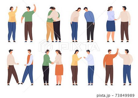 Characters with greeting gestures. People greet with waving, handshake, hug and high five. Flat man and woman bow. Polite welcome vector set Characters with greeting gestures. People greet with waving, handshake, hug and high five. Flat man and woman bow. Polite welcome vector set 73849989