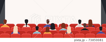 People in cinema from back. Movie theater audience watching film. Men and women public looking at screen in hall with chairs, vector concept People in cinema from back. Movie theater audience watching film. Men and women public looking at screen in hall with chairs, vector concept 73850081