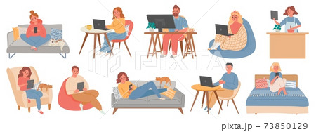 Work from homes. Man and woman freelancers in room interior working in computer or laptop. People in home offices in quarantine vector set Work from homes. Man and woman freelancers in room interior working in computer or laptop. People in home offices in quarantine vector set 73850129
