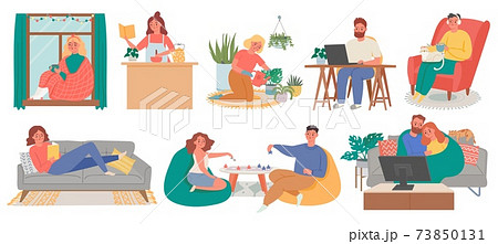 Relax at home. People meditate, cook, read, watch tv and do hobby in house. Quarantine lockdown life, activities or home weekend vector set Relax at home. People meditate, cook, read, watch tv and do hobby in house. Quarantine lockdown life, activities or home weekend vector set 73850131