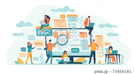 Program development team. Web or software developers, programmer and coding engineer work in group. IT-specialists write code vector concept Program development team. Web or software developers, programmer and coding engineer work in group. IT-specialists write code vector concept 73850161