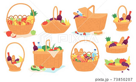 Picnic baskets. Wicker hampers with food and wine bottle on blanket for outdoor meal. Cartoon gift basket with fruits and snacks vector set 73850207