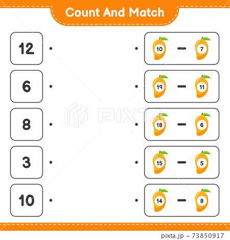 Count and match, count the number of Mango and match with right numbers. Educational children game, printable worksheet, vector illustration Count and match, count the number of Mango and match with right numbers. Educational children game, printable worksheet, vector illustration 73850917