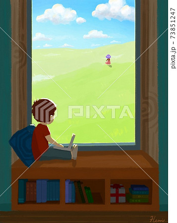 窓の外の高原に少女を見つける少年のイラスト素材