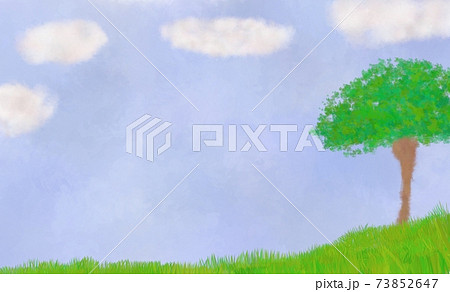 大きな木が立つのどかな風景のイラスト素材