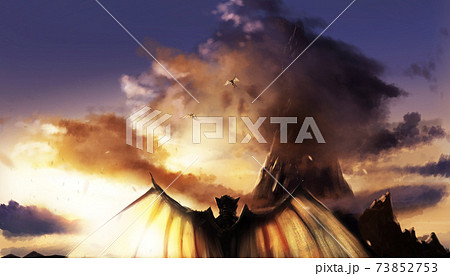 Fantasy sunset landscape with mountains & demons. 73852753