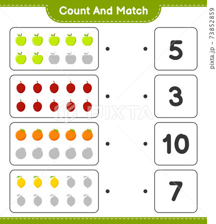 Count and match, count the number of Fruits and match with right numbers. Educational children game, printable worksheet, vector illustration 73852859