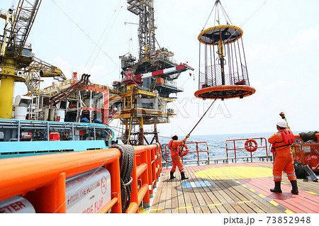 Crews boat moving the passenger and cargo from the platform to supply boat in oil and gas industry. Support offshore oil and gas industry by boat and service team. 73852948