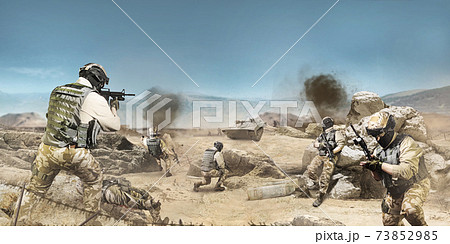 Soldiers fighting on desert scene. Soldiers fighting on desert scene. 73852985