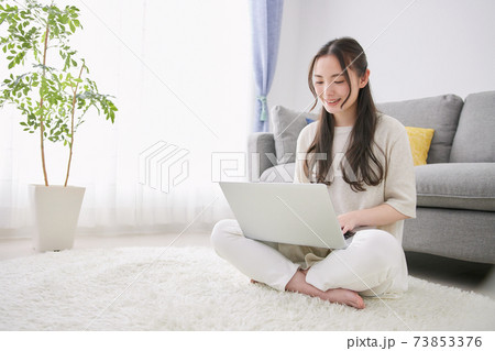 リビングでパソコンを使う若い女性 リビングでパソコンを使う若い女性 73853376