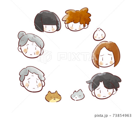 三世代親子 ペットの表情イラスト 困ってる不満顔のイラスト素材